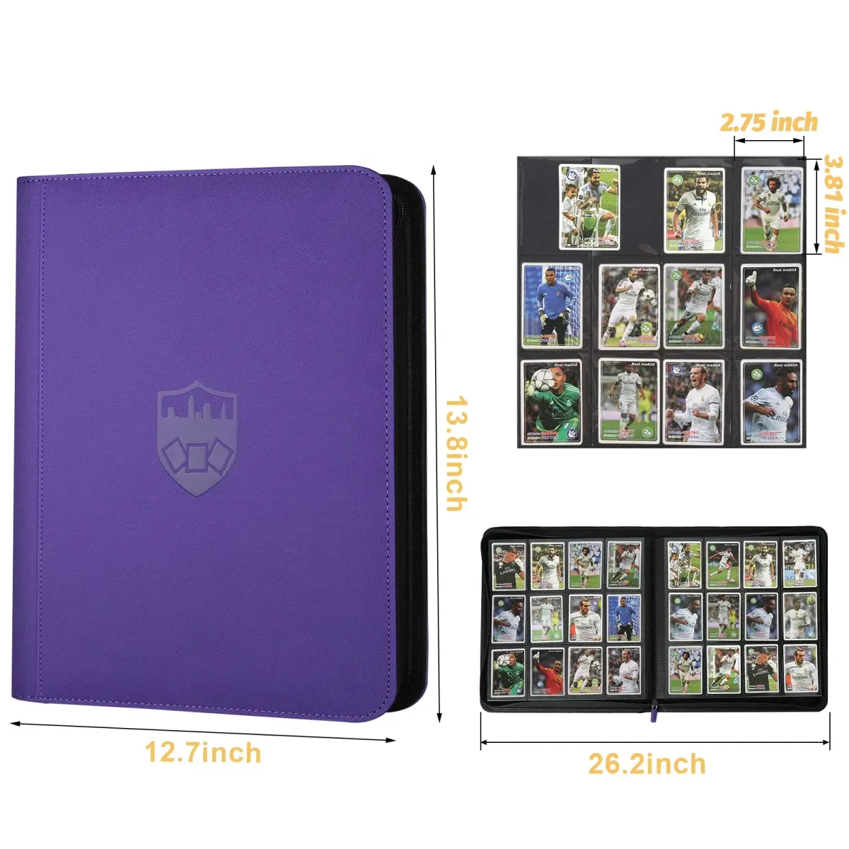GERMUN Ringless Trading Card Binder, 720 Cards PU Fixed Page Zipper Album (Purple, 12 Pockets) - view 3