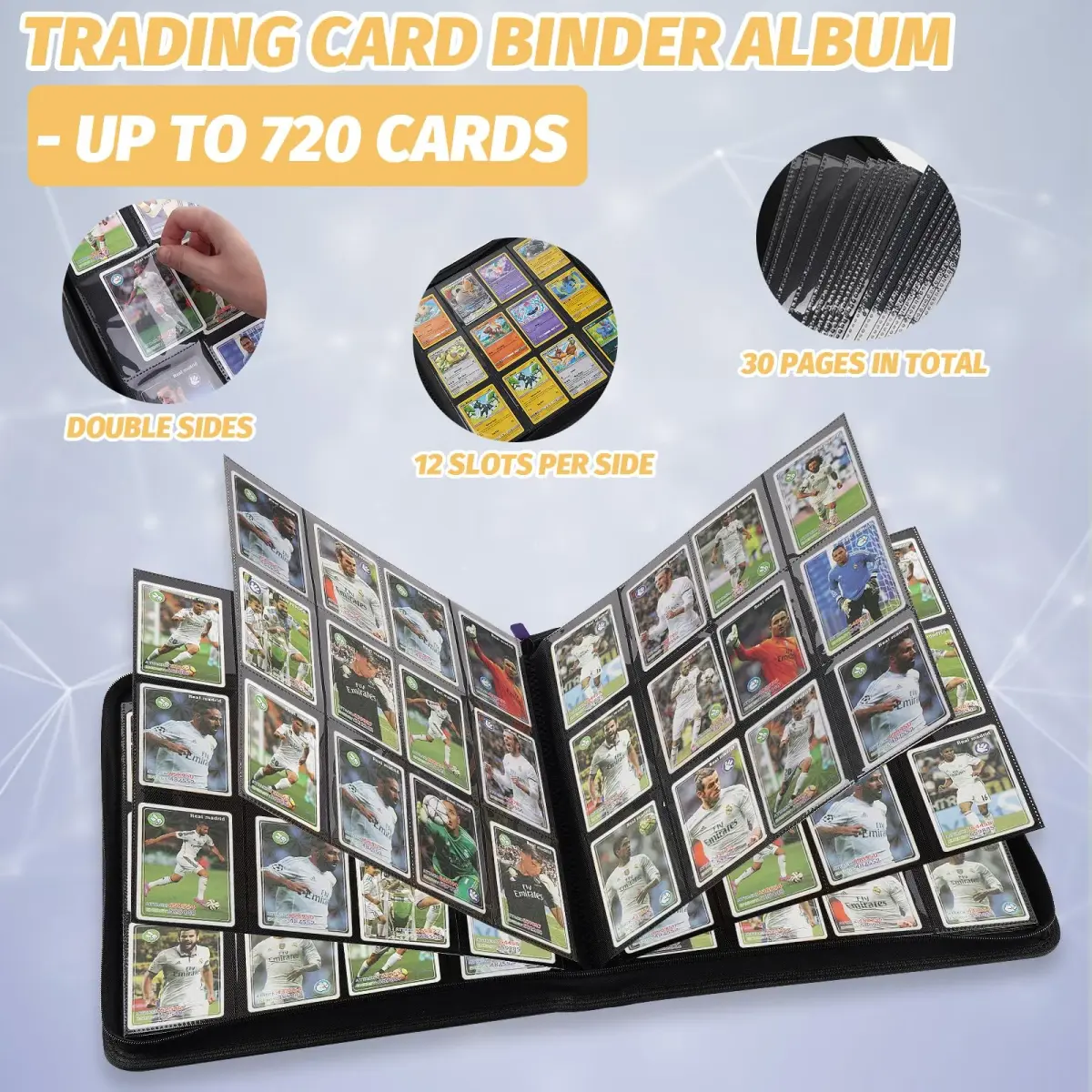 GERMUN Ringless Trading Card Binder, 720 Cards PU Fixed Page Zipper Album (Purple, 12 Pockets) - view 4