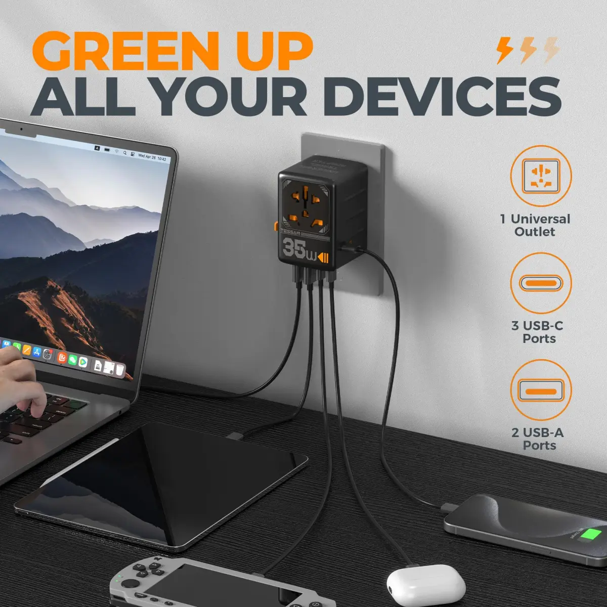 TESSAN Universal Travel Adapter 35W 6-in-1 with 3 USB-C, 2 USB-A Ports | Worldwide Power Converter for 200+ Countries - view 4