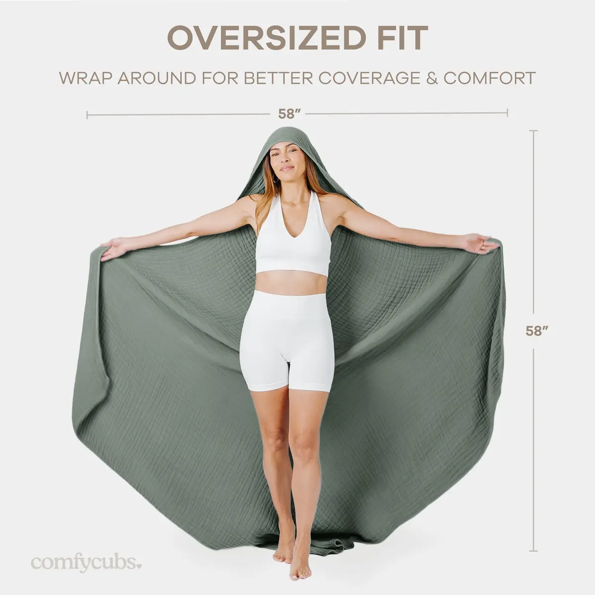 Comfy Cubs Adult Hooded Towel - Large 58'' x 58'', Soft, Absorbent, Stylish Dual-Function Muslin Towel Hoodie for Bath, Relaxation, and Everyday Use - Fern - view 5