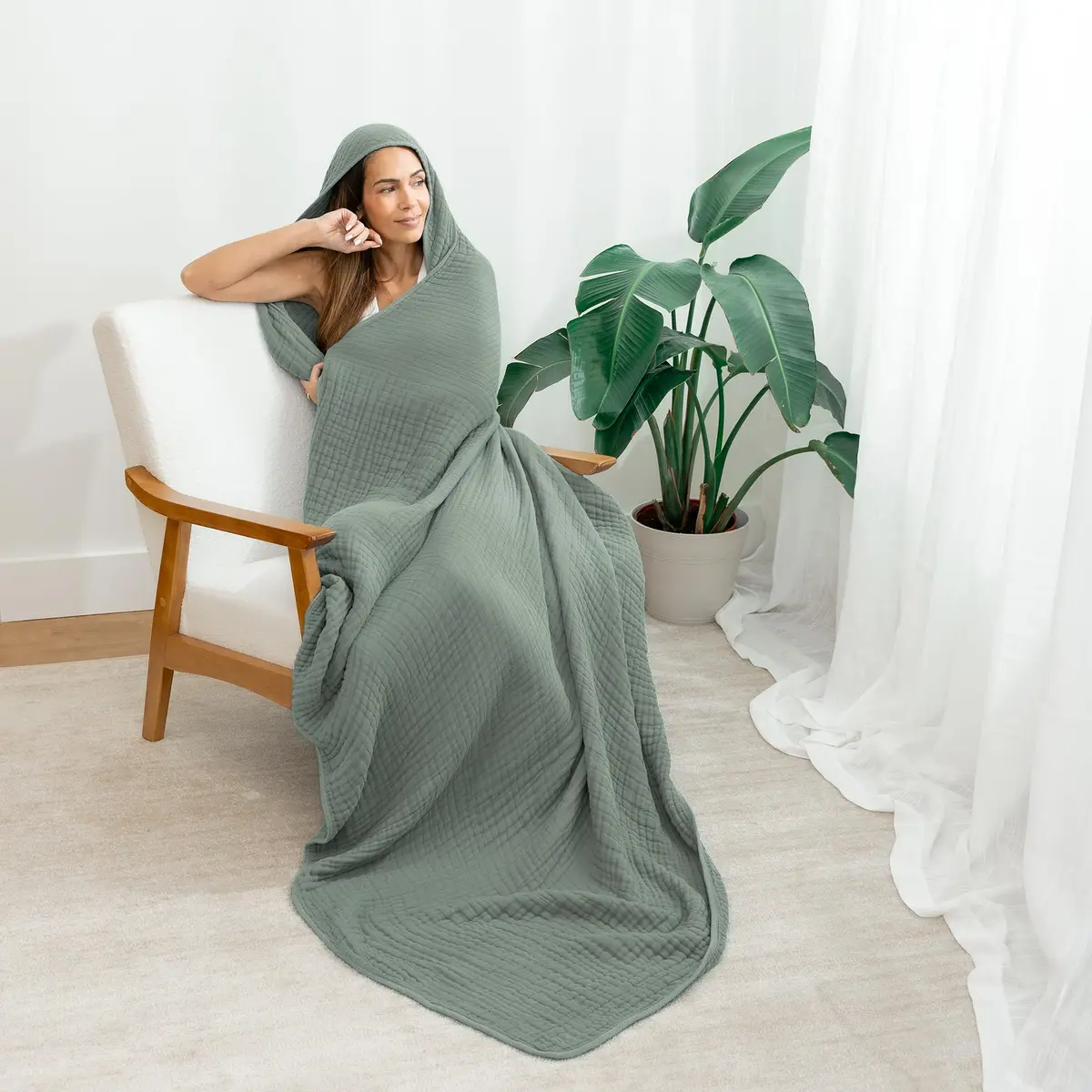 Comfy Cubs Adult Hooded Towel - Large 58'' x 58'', Soft, Absorbent, Stylish Dual-Function Muslin Towel Hoodie for Bath, Relaxation, and Everyday Use - Fern - view 3
