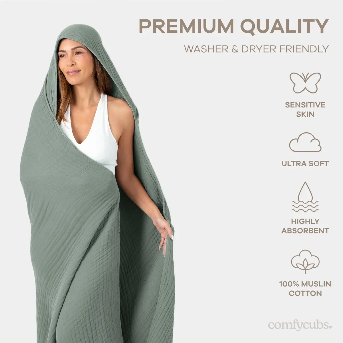 Comfy Cubs Adult Hooded Towel - Large 58'' x 58'', Soft, Absorbent, Stylish Dual-Function Muslin Towel Hoodie for Bath, Relaxation, and Everyday Use - Fern - view 4