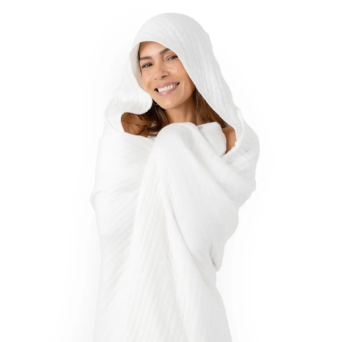 Comfy Cubs Adult Hooded Towel - Large 58'' x 58'', Soft, Absorbent, Stylish Dual-Function Muslin Towel Hoodie for Bath, Relaxation, and Everyday Use - White - view 2