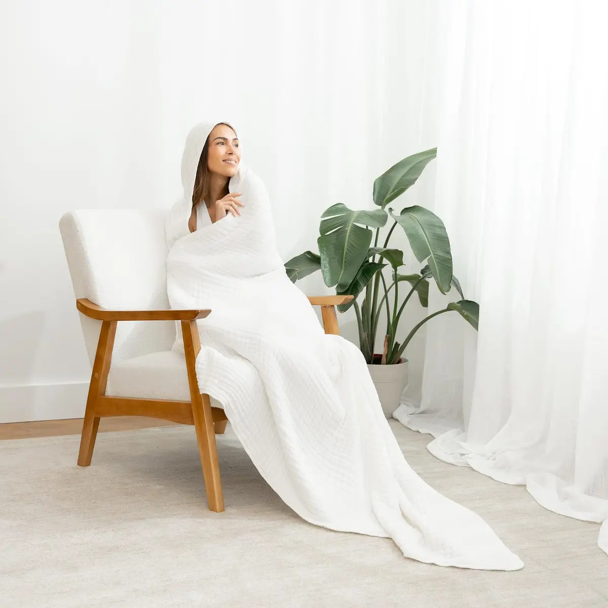 Comfy Cubs Adult Hooded Towel - Large 58'' x 58'', Soft, Absorbent, Stylish Dual-Function Muslin Towel Hoodie for Bath, Relaxation, and Everyday Use - White - view 3