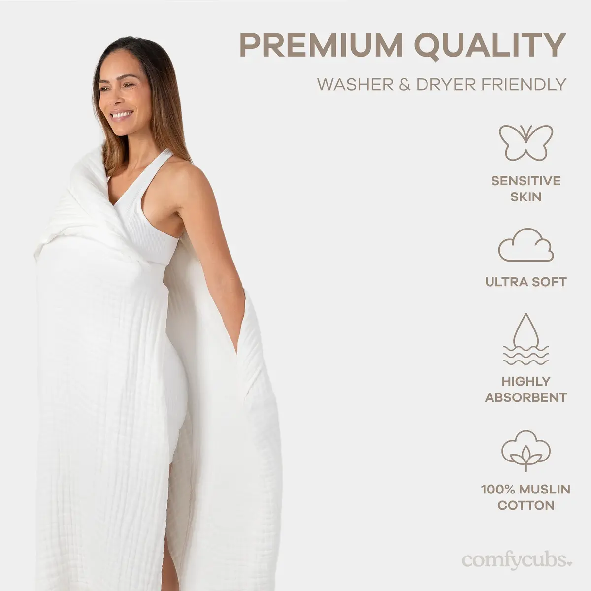 Comfy Cubs Adult Hooded Towel - Large 58'' x 58'', Soft, Absorbent, Stylish Dual-Function Muslin Towel Hoodie for Bath, Relaxation, and Everyday Use - White - view 4