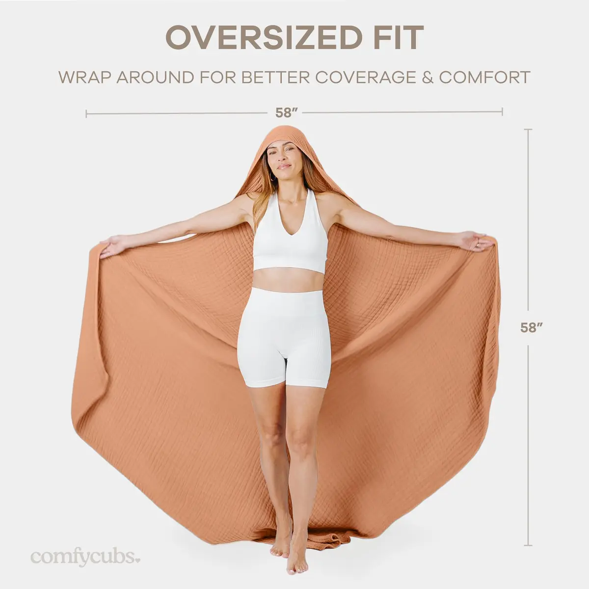Comfy Cubs Adult Hooded Towel - Large 58'' x 58'', Soft, Absorbent, Stylish Dual-Function Muslin Towel Hoodie for Bath, Relaxation, and Everyday Use - Caramel - view 5