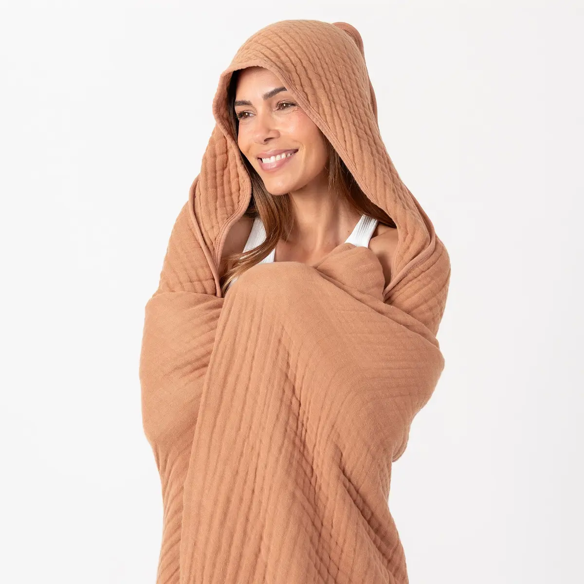 Comfy Cubs Adult Hooded Towel - Large 58'' x 58'', Soft, Absorbent, Stylish Dual-Function Muslin Towel Hoodie for Bath, Relaxation, and Everyday Use - Caramel - view 2