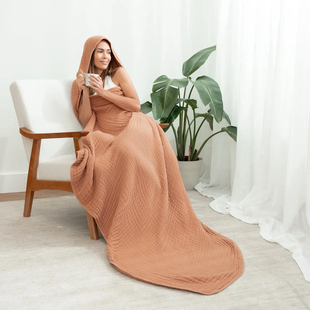 Comfy Cubs Adult Hooded Towel - Large 58'' x 58'', Soft, Absorbent, Stylish Dual-Function Muslin Towel Hoodie for Bath, Relaxation, and Everyday Use - Caramel - view 3