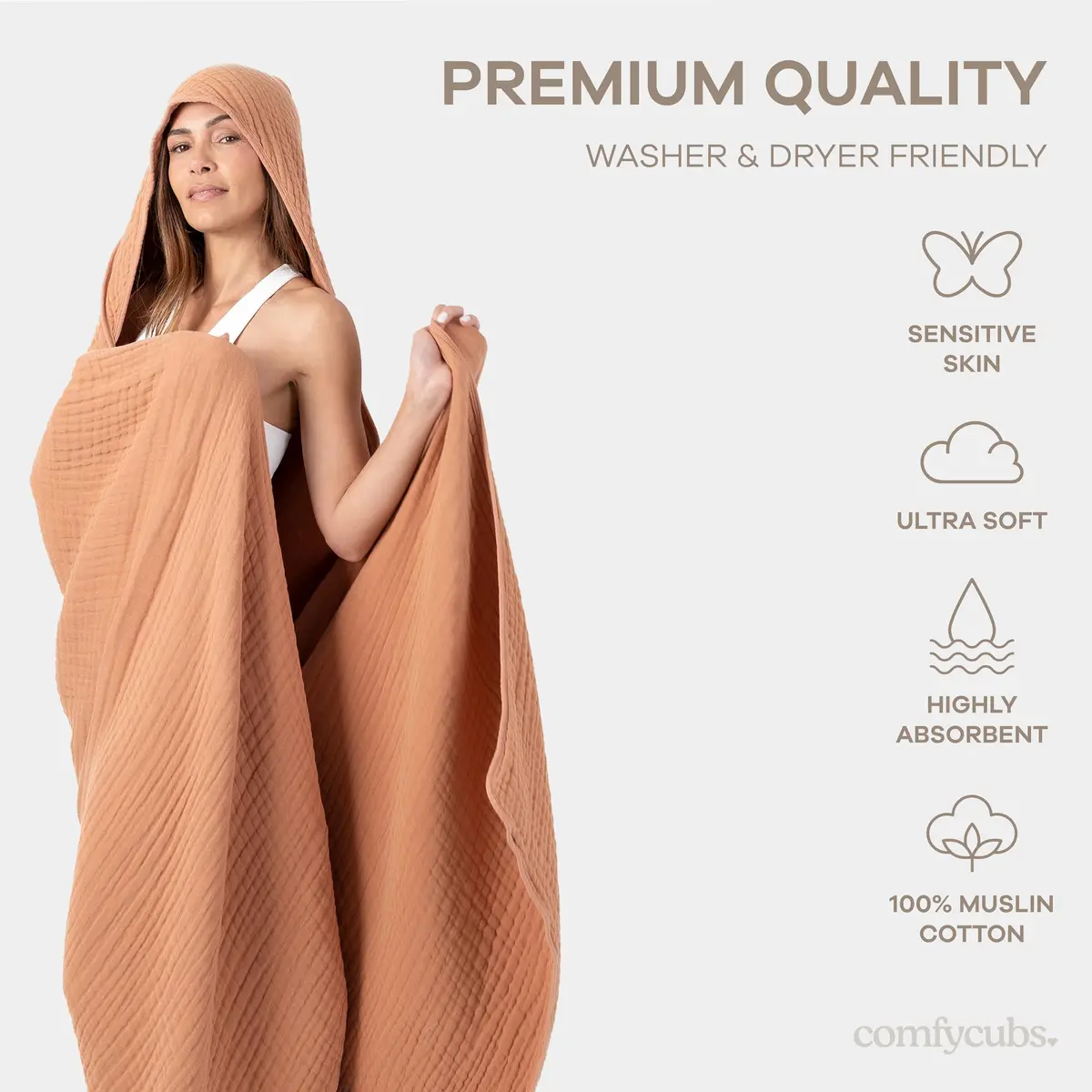 Comfy Cubs Adult Hooded Towel - Large 58'' x 58'', Soft, Absorbent, Stylish Dual-Function Muslin Towel Hoodie for Bath, Relaxation, and Everyday Use - Caramel - view 4