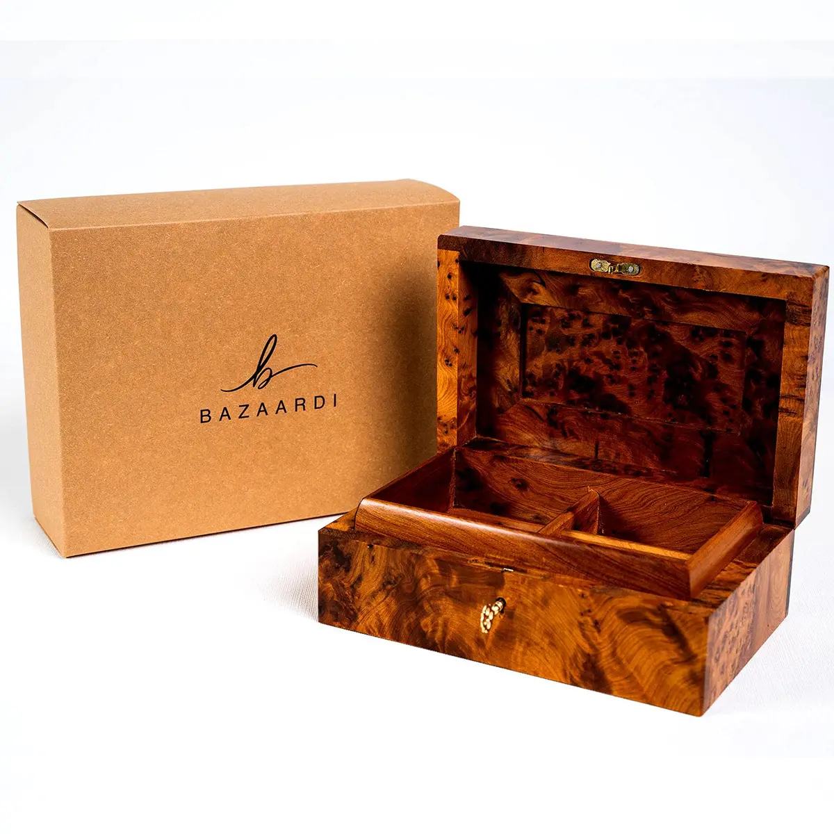 BAZAARDI Hand Carved Wooden Jewelry Box 6x4.35x3 in | Lockable Moroccan Thuya Burl - view 9