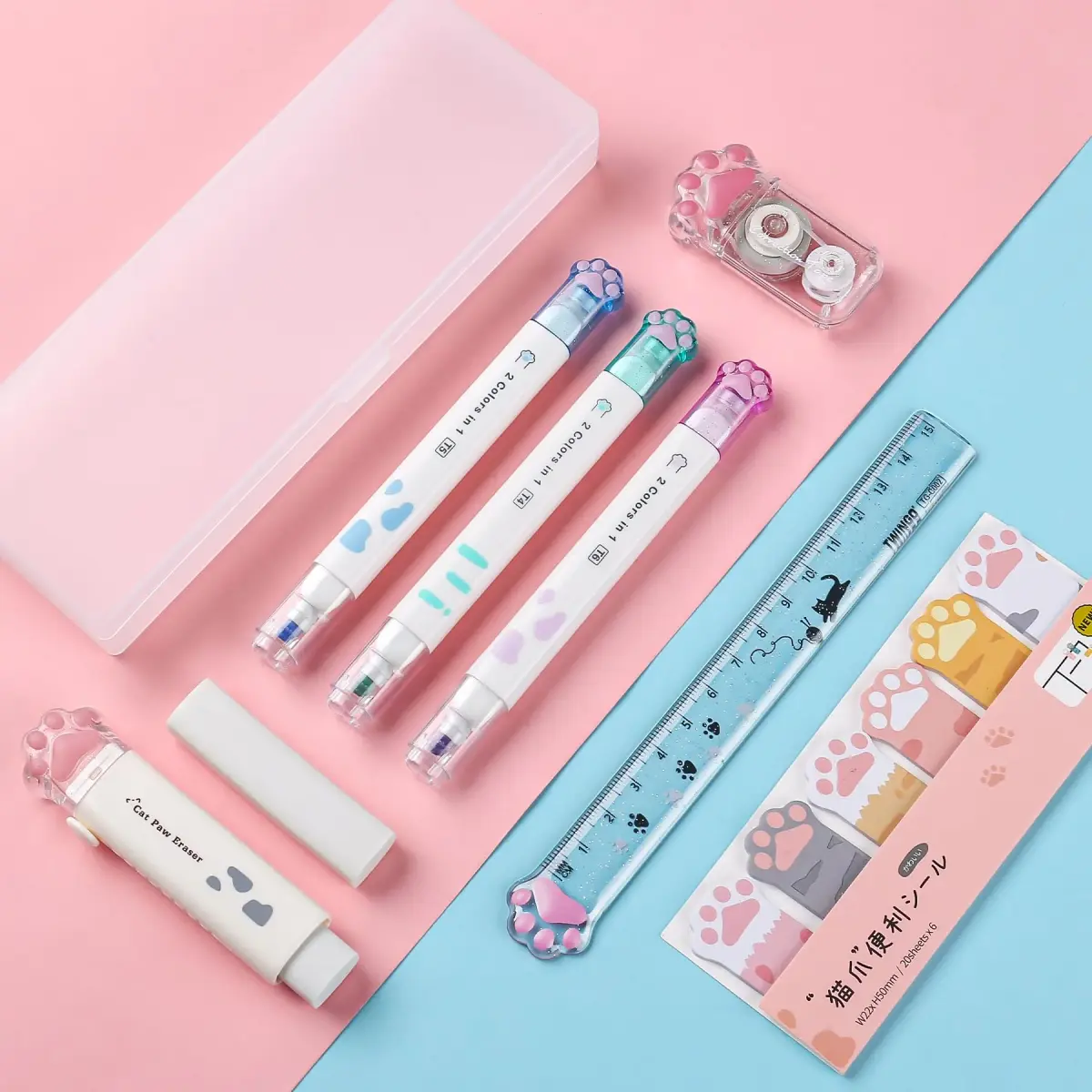 Kogcmeetl Cute Cat Paw Stationery Set White | Eraser Correction Tape Highlighters Sticky Notes Ruler - view 6
