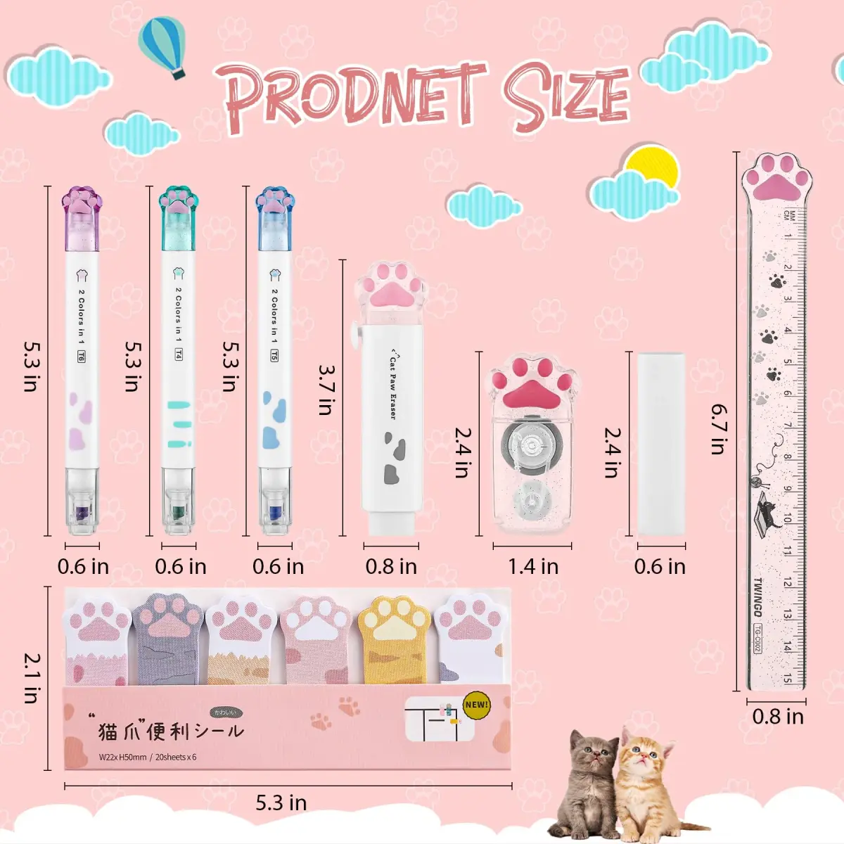 Kogcmeetl Cute Cat Paw Stationery Set White | Eraser Correction Tape Highlighters Sticky Notes Ruler - view 2