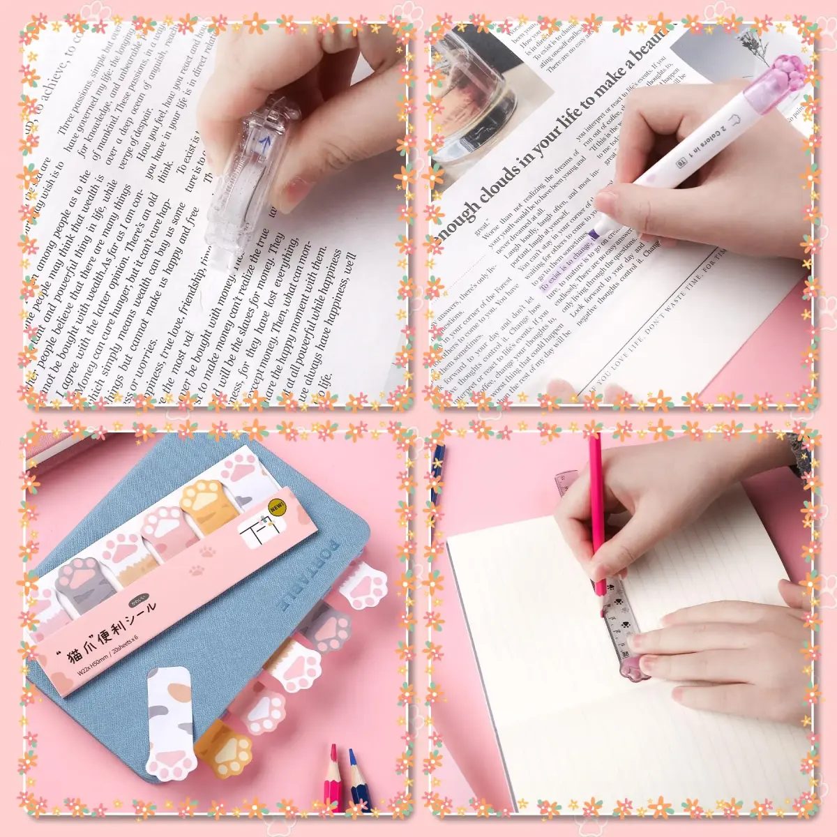 Kogcmeetl Cute Cat Paw Stationery Set White | Eraser Correction Tape Highlighters Sticky Notes Ruler - view 3