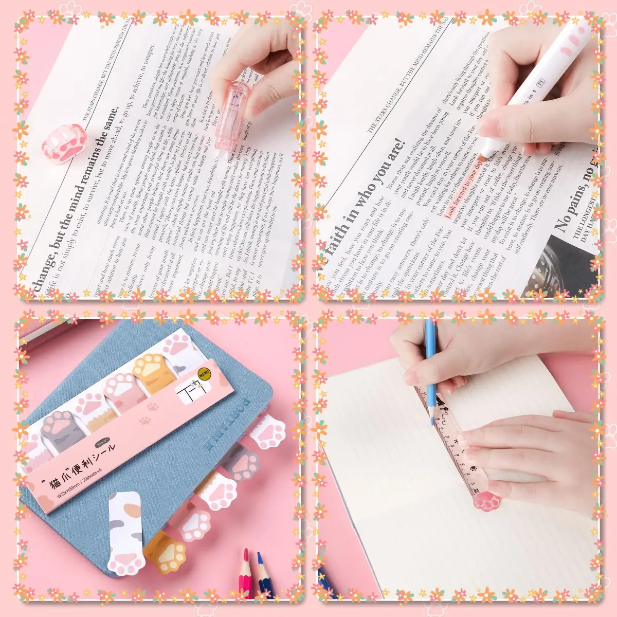 Kogcmeetl Pink 8 Pcs Cute Cat Paw Stationery Set | Eraser Correction Tape Highlighters Sticky Notes Ruler for Cat Lovers Students - view 3