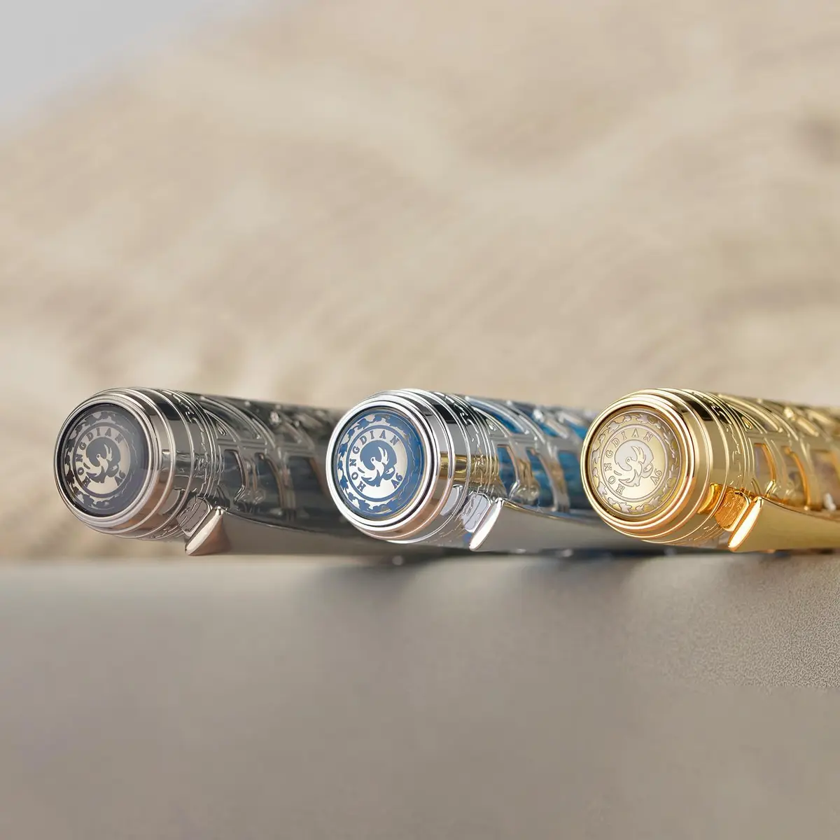 HONG DIAN A6 Piston Fountain Pen Extra Fine Soft Nib, Silver Blue Hollow Skeleton & Resin Pen with Metal Case Set - view 4