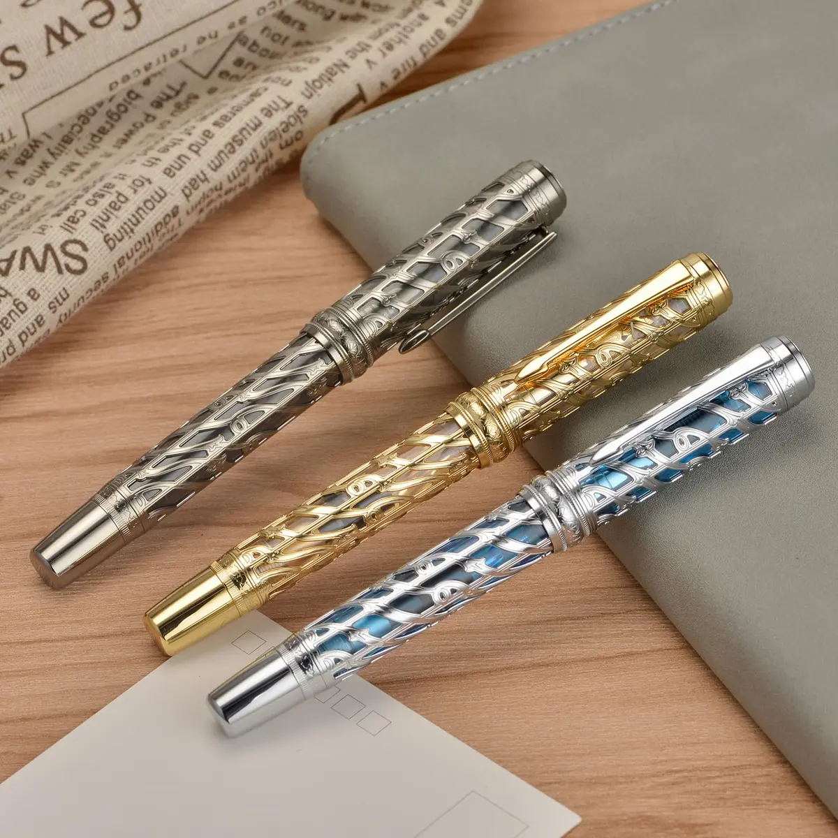 HONG DIAN A6 Piston Fountain Pen Extra Fine Soft Nib, Silver Blue Hollow Skeleton & Resin Pen with Metal Case Set - view 5