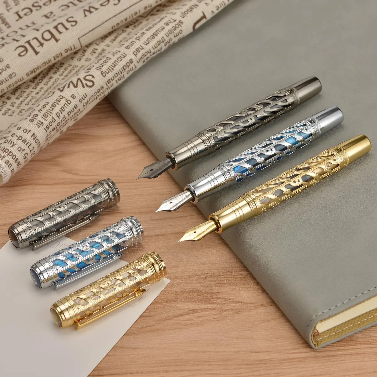 HONG DIAN A6 Piston Fountain Pen Extra Fine Soft Nib, Silver Blue Hollow Skeleton & Resin Pen with Metal Case Set - view 6