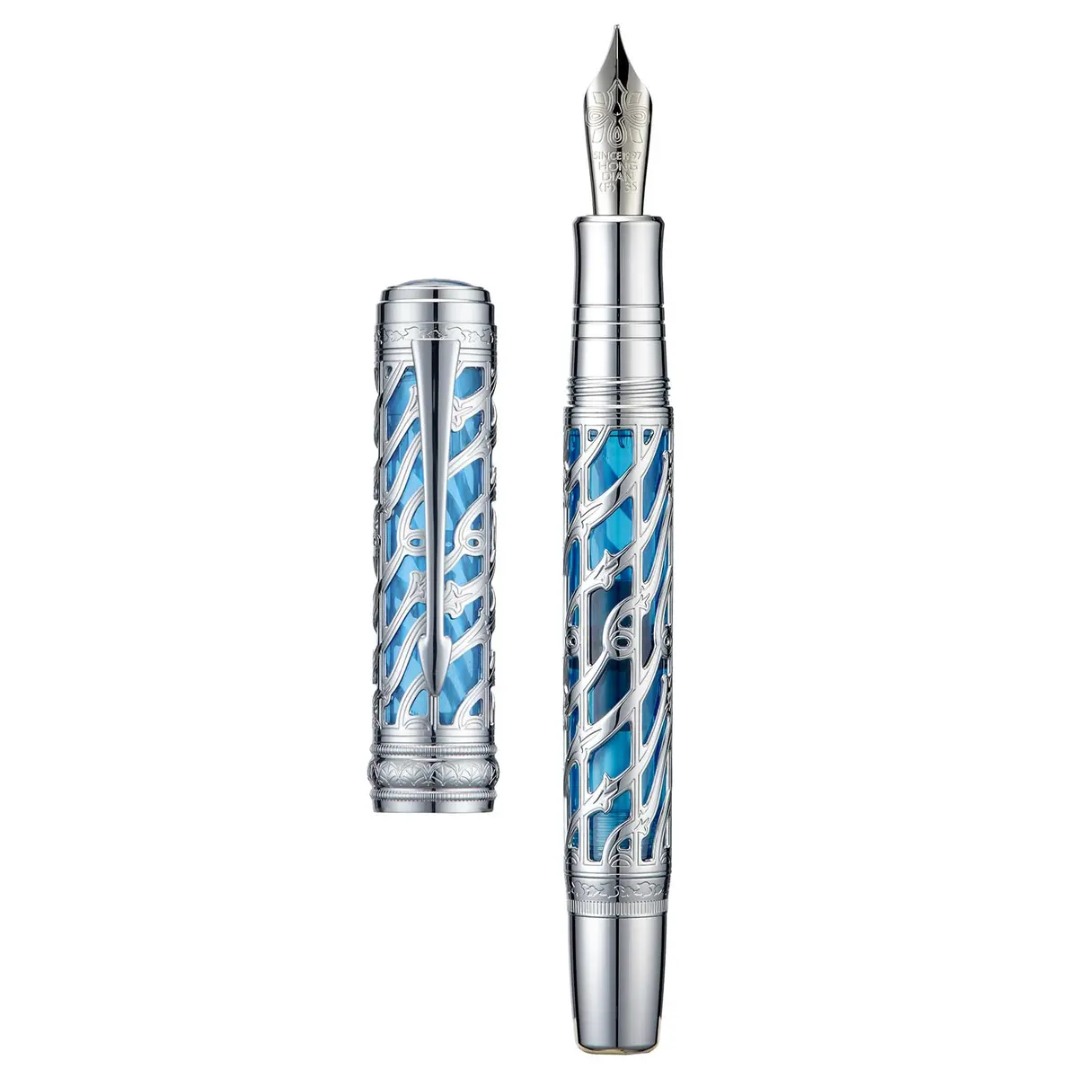 HONG DIAN A6 Piston Fountain Pen Extra Fine Soft Nib, Silver Blue Hollow Skeleton & Resin Pen with Metal Case Set - main product image