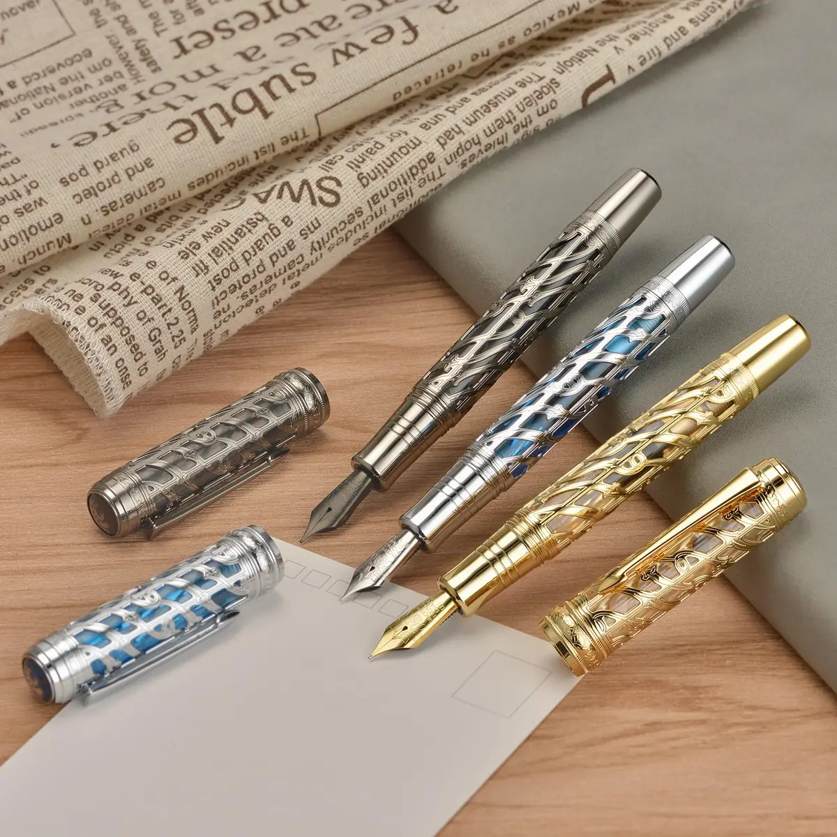 HONG DIAN A6 Piston Fountain Pen Extra Fine Soft Nib, Silver Blue Hollow Skeleton & Resin Pen with Metal Case Set - view 7
