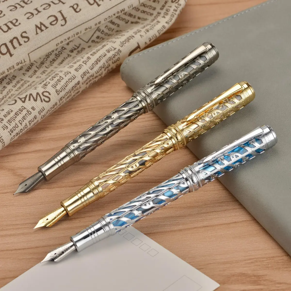 HONG DIAN A6 Piston Fountain Pen Extra Fine Soft Nib, Silver Blue Hollow Skeleton & Resin Pen with Metal Case Set - view 8