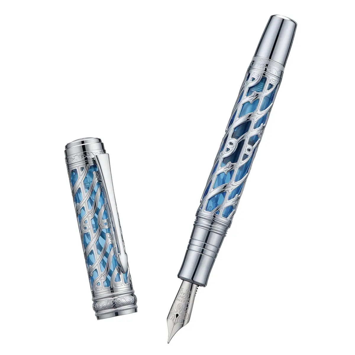 HONG DIAN A6 Piston Fountain Pen Extra Fine Soft Nib, Silver Blue Hollow Skeleton & Resin Pen with Metal Case Set - view 9