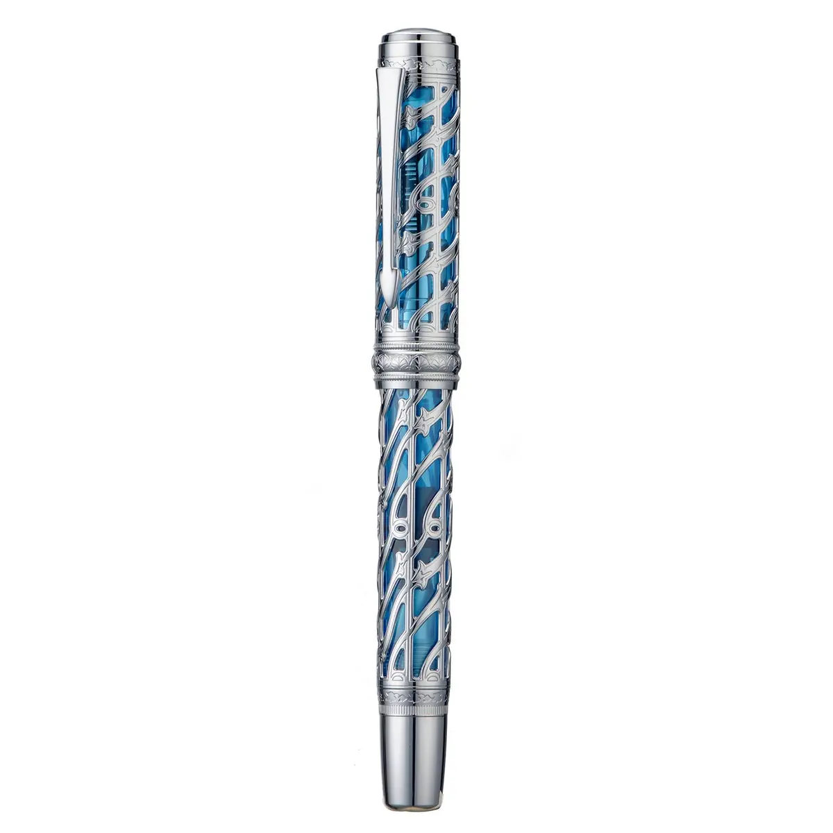 HONG DIAN A6 Piston Fountain Pen Extra Fine Soft Nib, Silver Blue Hollow Skeleton & Resin Pen with Metal Case Set - view 2