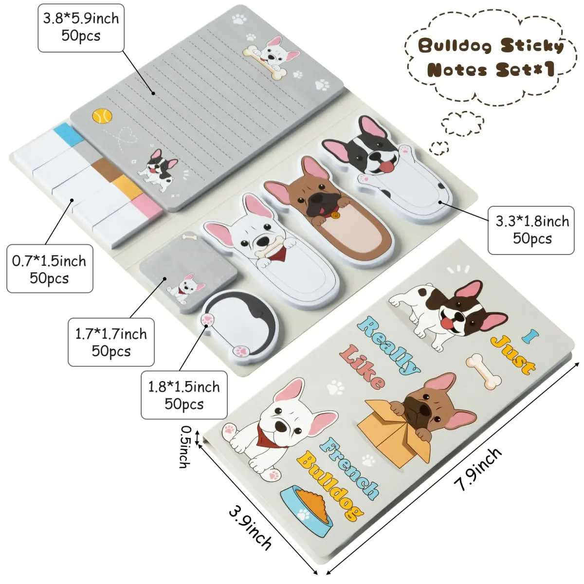 Xqumoi French Bulldog Sticky Notes Set, 550 Sheets, Cartoon Animal Memo Pads Bundle | Cute Dog Design for Students & Office - view 2