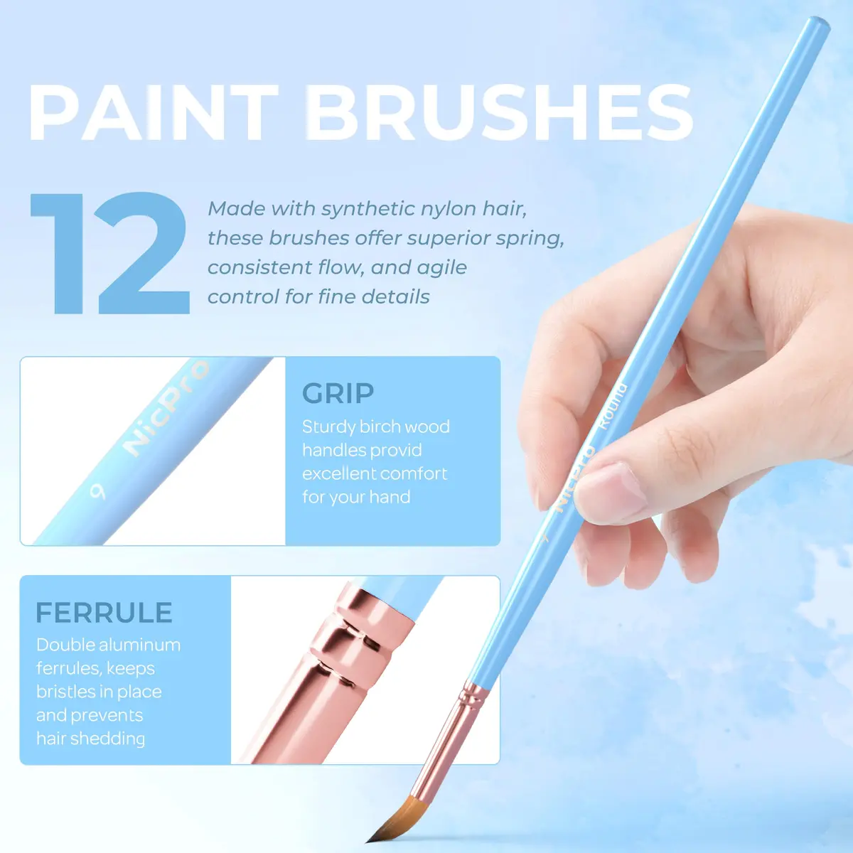 Nicpro Artist Paint Brush Set 12pcs | Assorted Nylon Brushes for Acrylic, Watercolor & Oil (en_US) - view 3