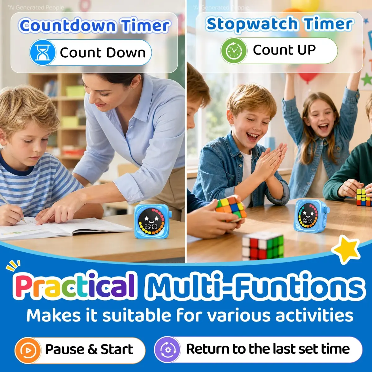 HAUKINIX Visual Timer for Kids ADHD 99-Mins Digital Countdown Stopwatch Timer Blue | 8.6cm (3.4in) x 7.8cm (3.1in) x 4.3cm (1.7in) - view 6