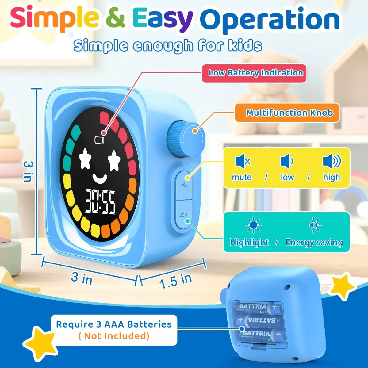 HAUKINIX Visual Timer for Kids ADHD 99-Mins Digital Countdown Stopwatch Timer Blue | 8.6cm (3.4in) x 7.8cm (3.1in) x 4.3cm (1.7in) - view 2