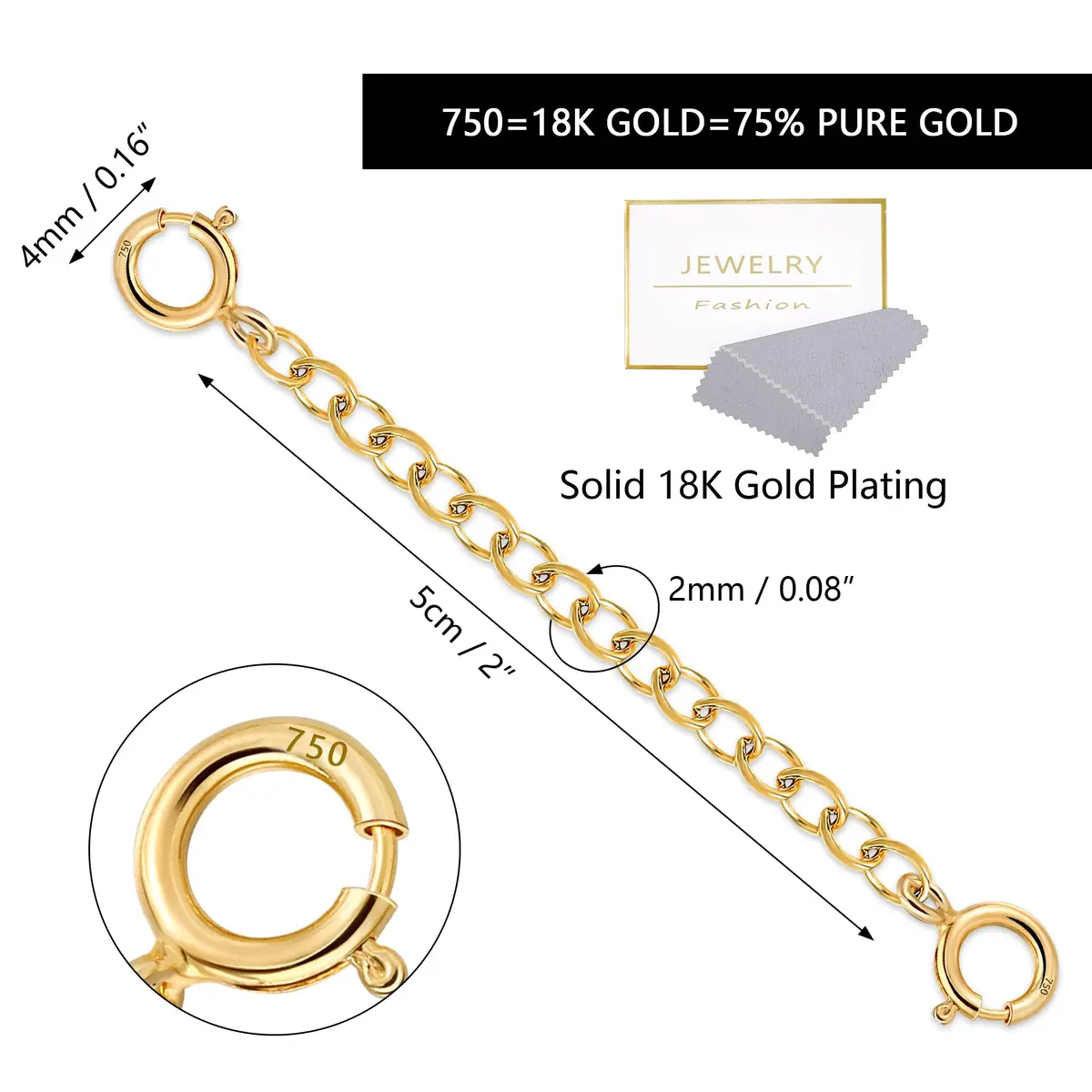 LANCHARMED 18K Solid Gold Extender for Necklace Bracelet 2 Inches | Durable Adjustable Chain for Women - view 4