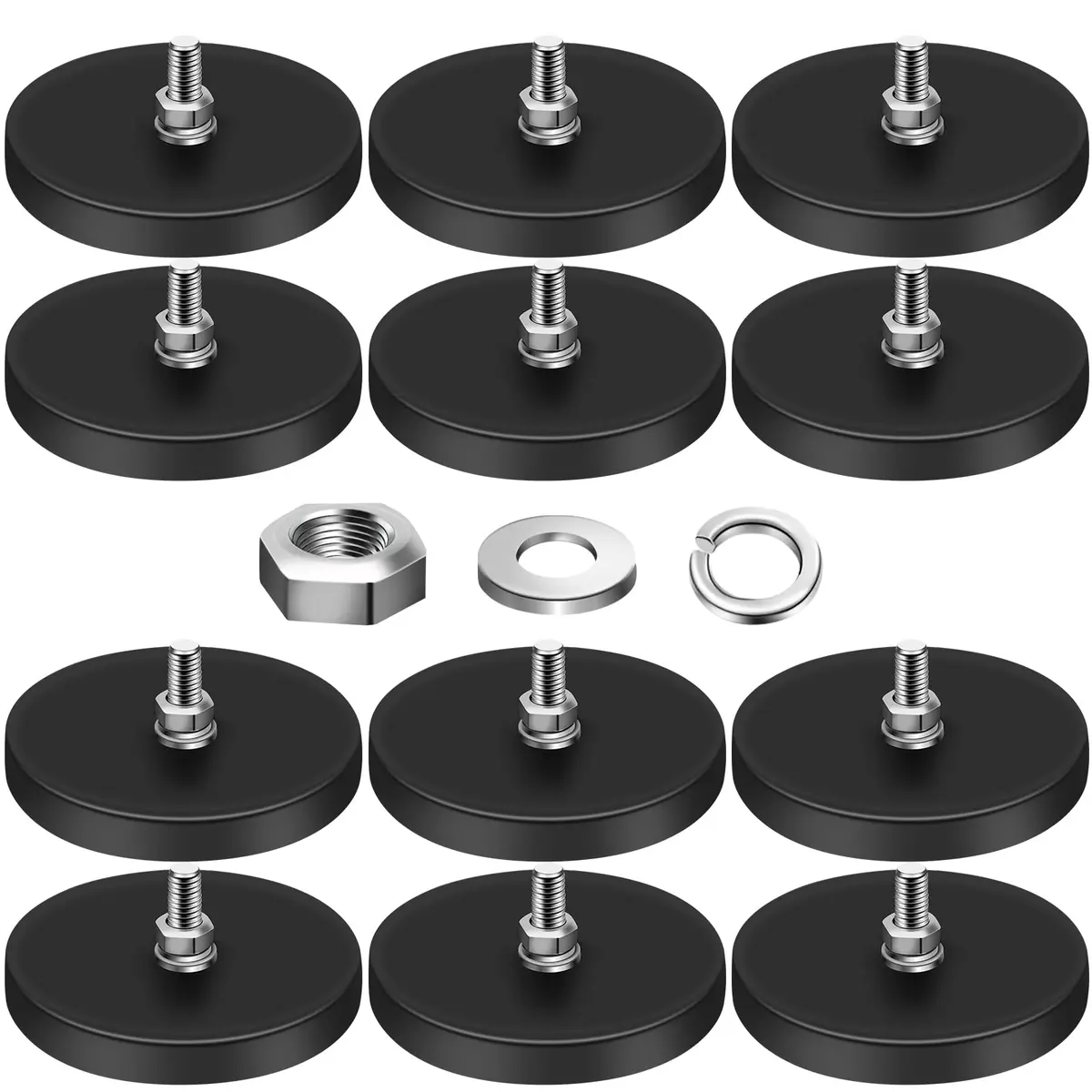 DIYMAG Rubber Coated Neodymium Magnets 2.6in Diameter, 65lb Pull Force, 12-Pack | M6 Threaded Studs & Nuts Included - main product image
