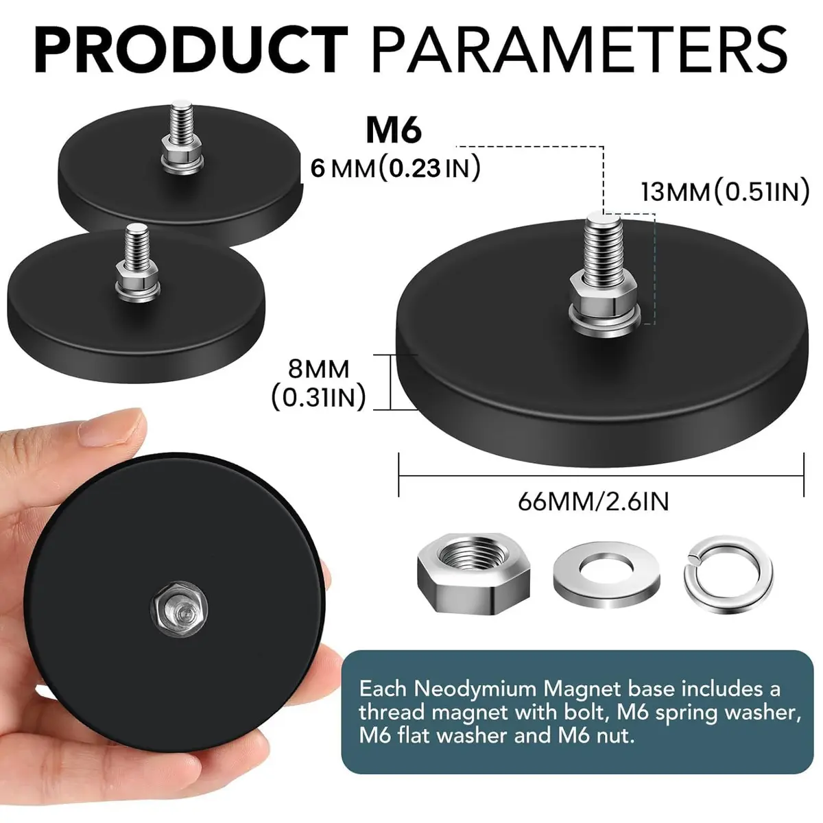 DIYMAG Rubber Coated Neodymium Magnets 2.6in Diameter, 65lb Pull Force, 12-Pack | M6 Threaded Studs & Nuts Included - view 2