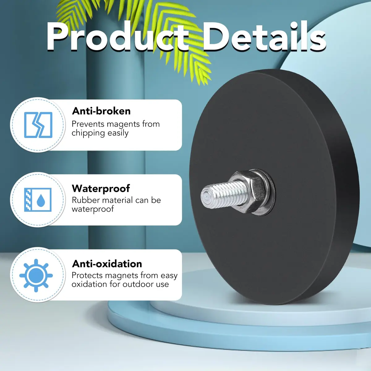 DIYMAG Rubber Coated Neodymium Disc Magnets 6.6cm (2.6in) Diameter, 65lb Pull Force, 6-Pack | Heavy Duty Magnetic Mounts with M6 Threaded Studs - view 4
