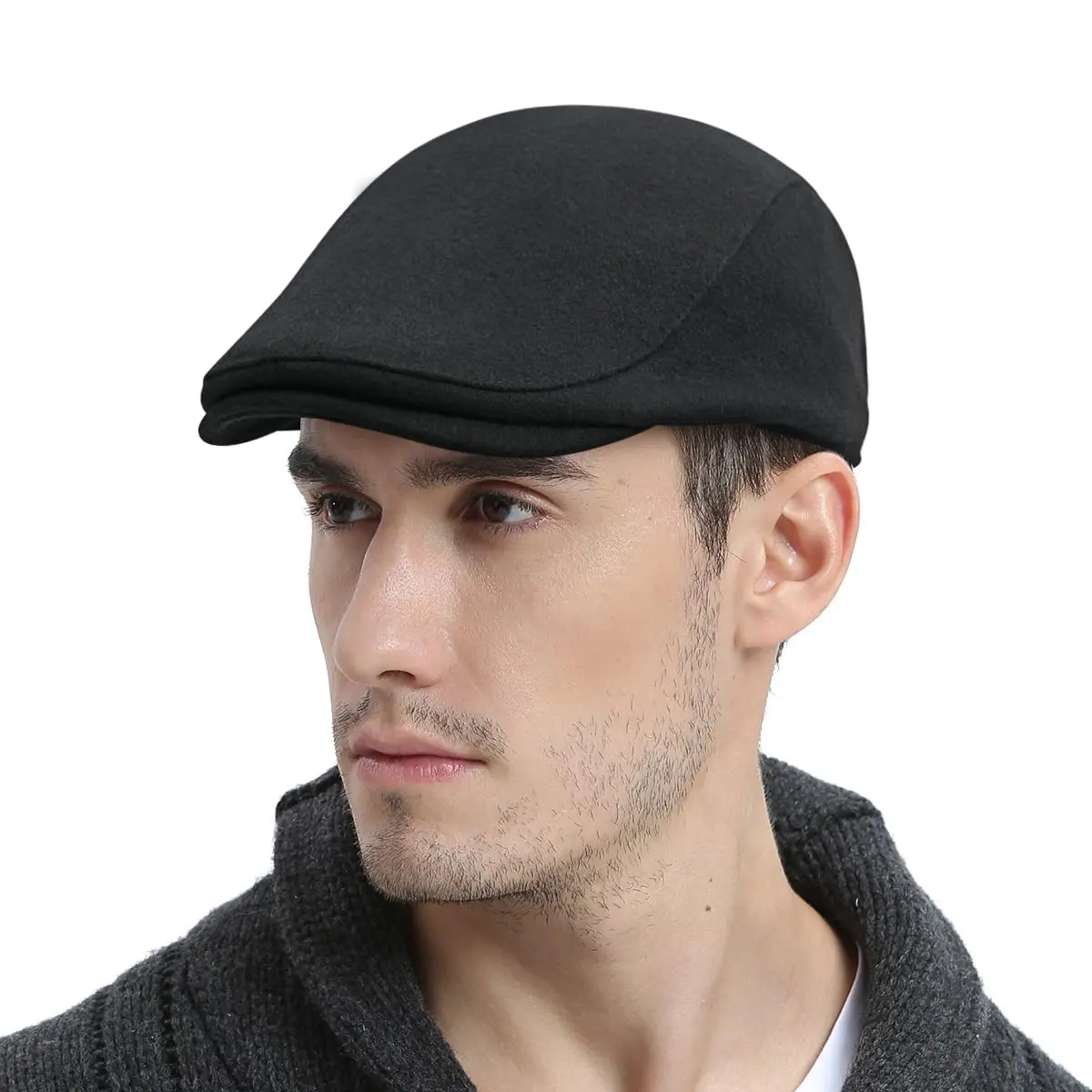 FEINION Men Wool Blend Flat Cap Tweed Newsboy Ivy Hat (Black) | Vintage Casual Winter Style - main product image