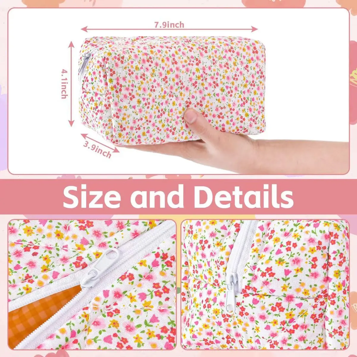 MZLUWM Puffy Coquette Floral Quilted Makeup Bag Large Fashionable Travel Pouch Cute Pink 20cm (7.8in) x 12cm (4.7in) x 10cm (4in) - view 7