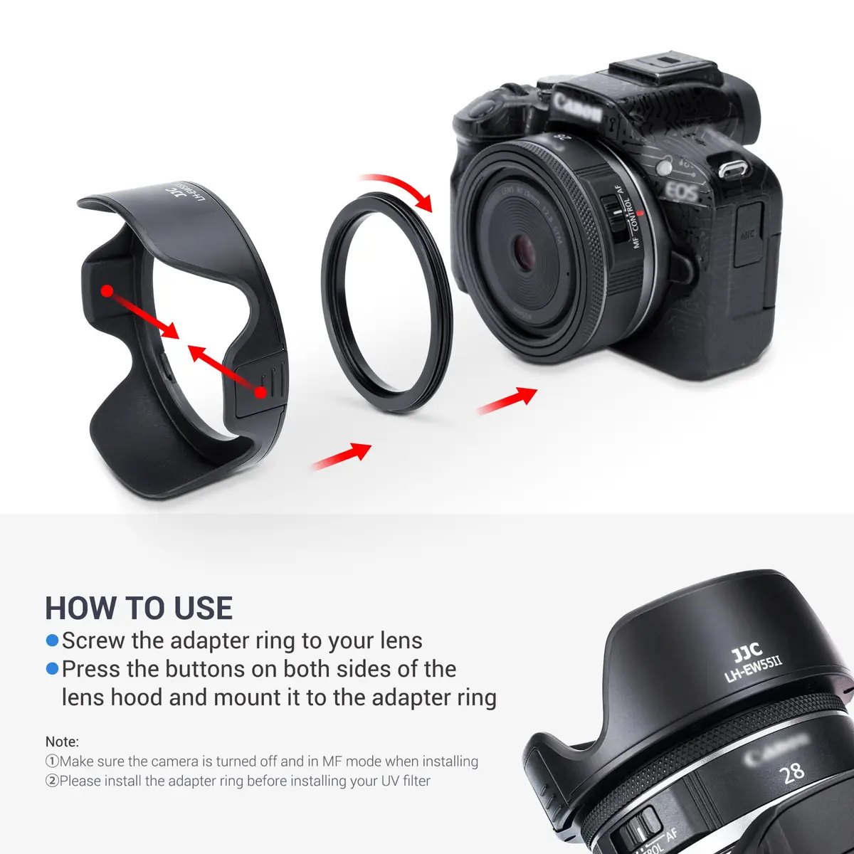 JJC Lens Hood for Canon RF 28mm F 2.8 STM | Reversible Lens Shade, Compatible with 55mm Filters & Cap - view 2