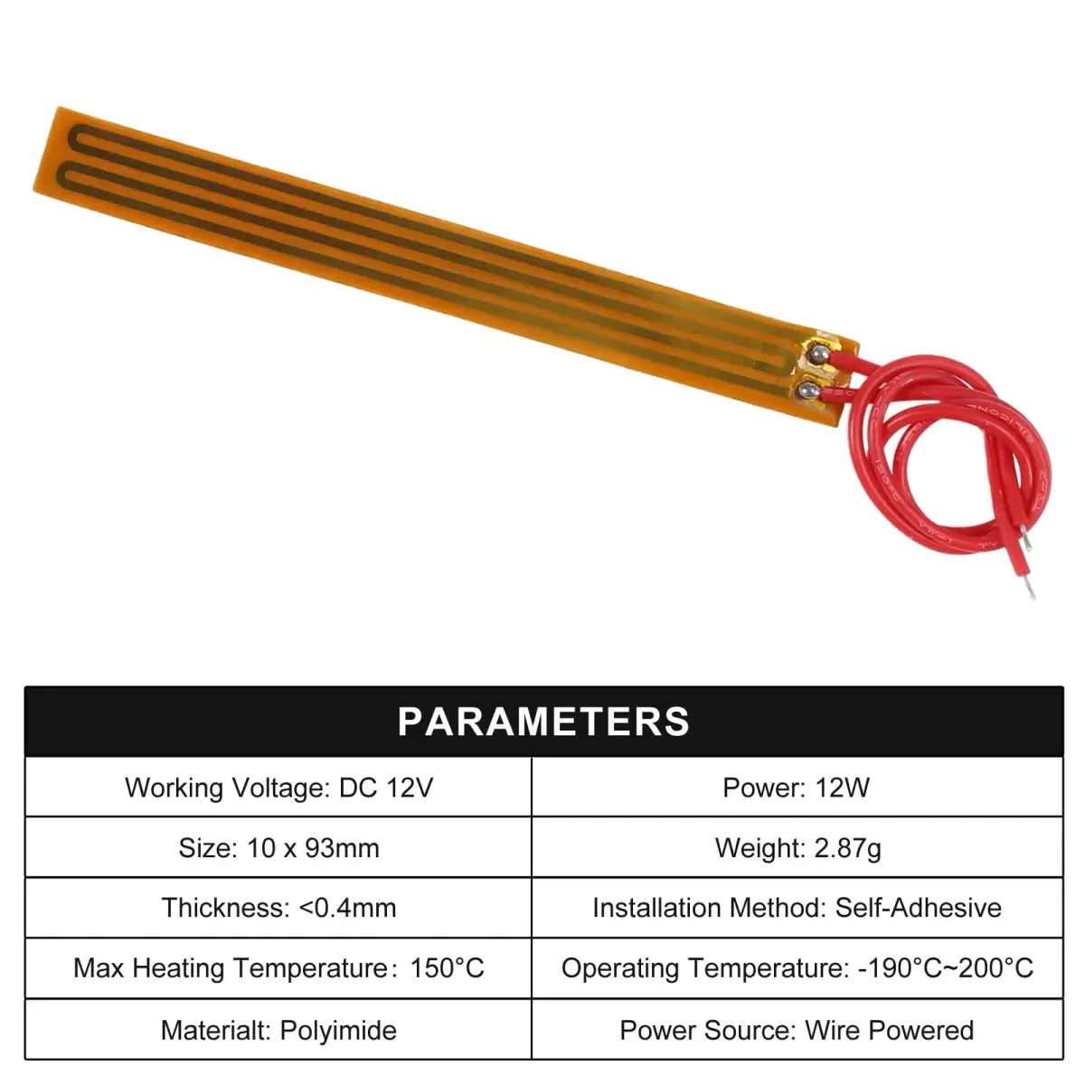Coliao 6pcs PI Heating Film 12V 12W 10mmx93mm Adhesive Polyimide Heater Plate | Flexible Lab Supply Element - view 3