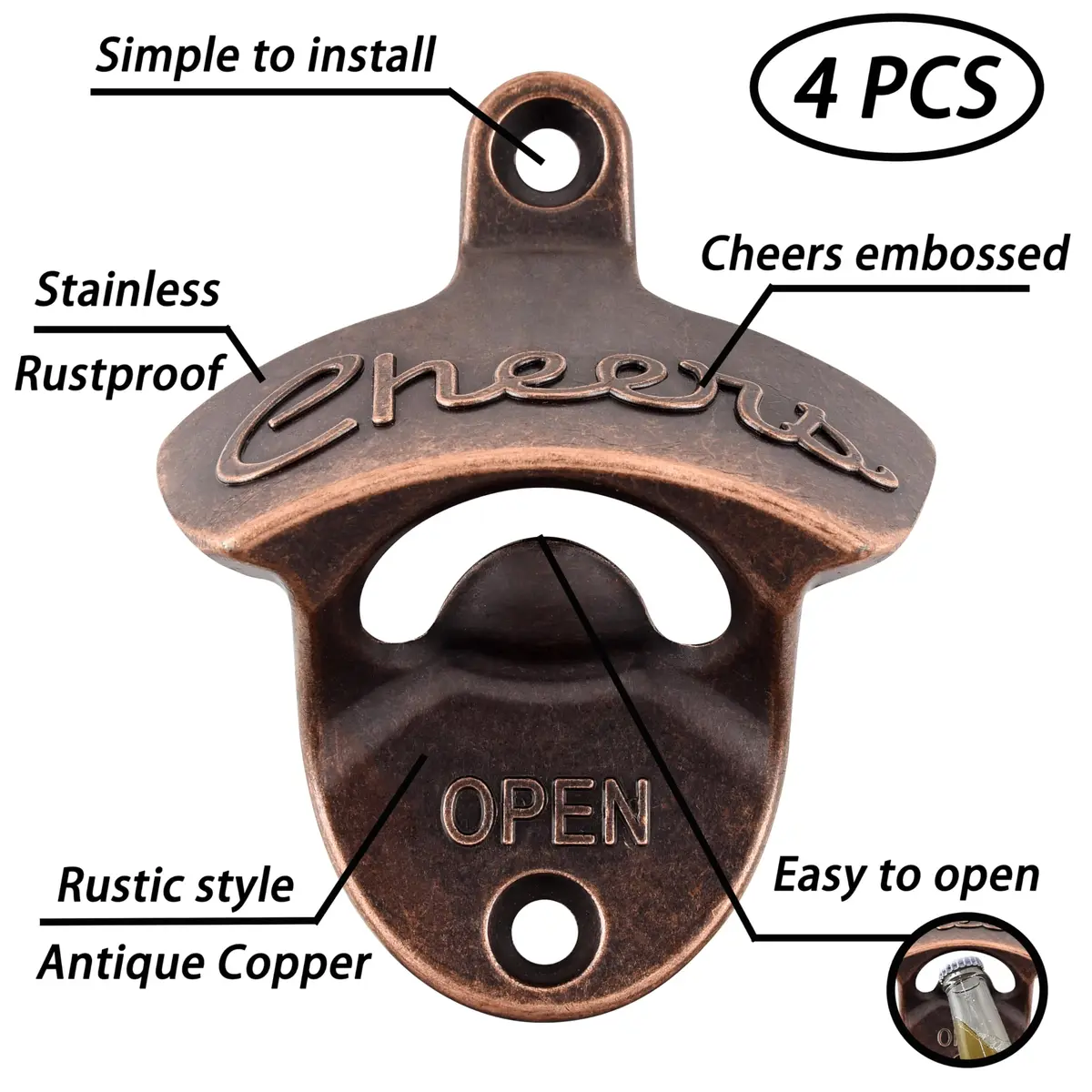 Luwanburg Cheers Wall Mounted Bottle Opener Antique Copper | Unique Soda Cap Tool (70-120c) - view 2
