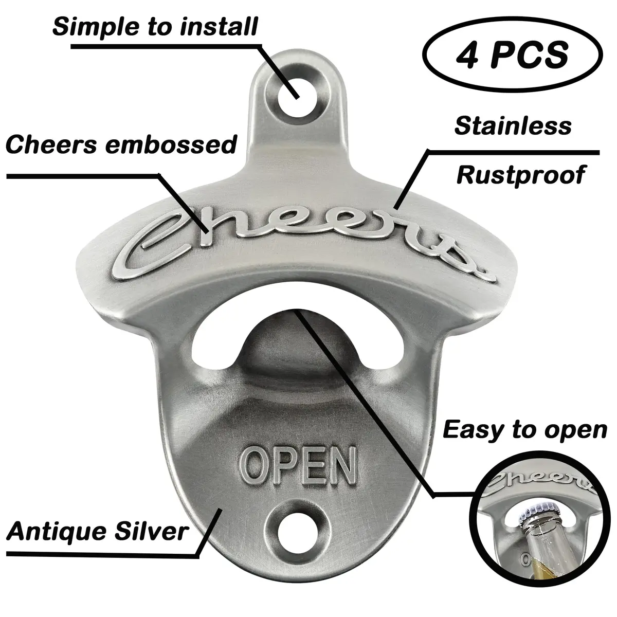 Luwanburg Wall Mounted Bottle Opener Cheers Beer Cap Opener Post Mounted Antique Silver (Pack of 4) | Rustproof Stainless Steel Decor - view 2