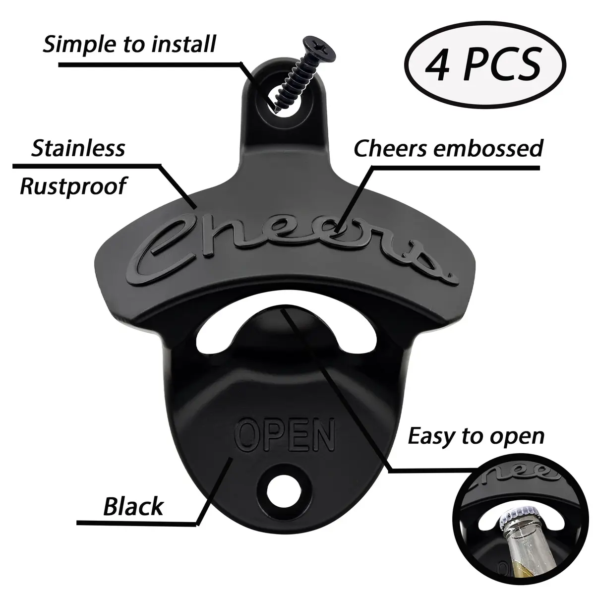 Luwanburg Cheers Wall Mounted Bottle Opener Black | Unique Beer Cap Decor & Effortless Use - view 2