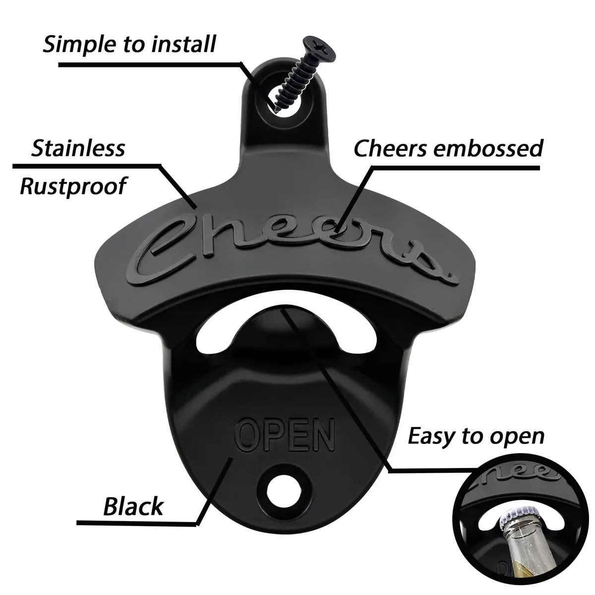 Luwanburg Black Beer Bottle Cap Opener Wall Mounted Cheers Stainless | Rustproof Zinc Alloy Decor & Utility - view 2