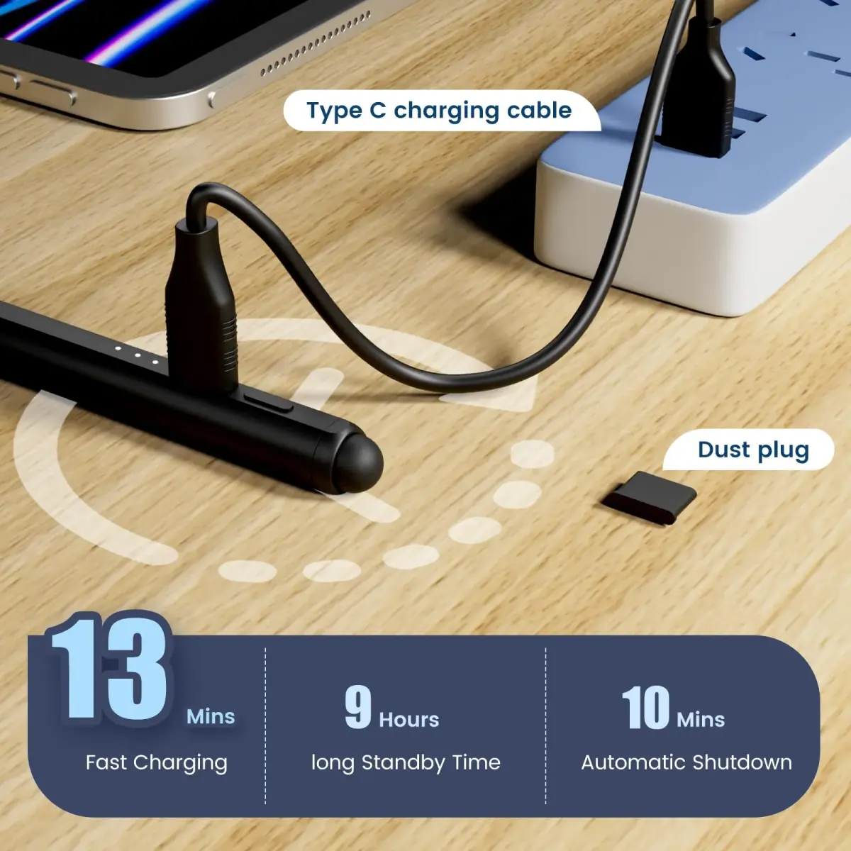 STYLUSHOME Active Stylus Pen for iPad 10th/9th/8th/7th/6th Gen, Pro 11/12.9in, Air 5/4/3, Mini 5/6 — 165mm (5.5in) Black | 13-Min Charge, 9-Hr Use, Tilt & Palm Rejection - view 6