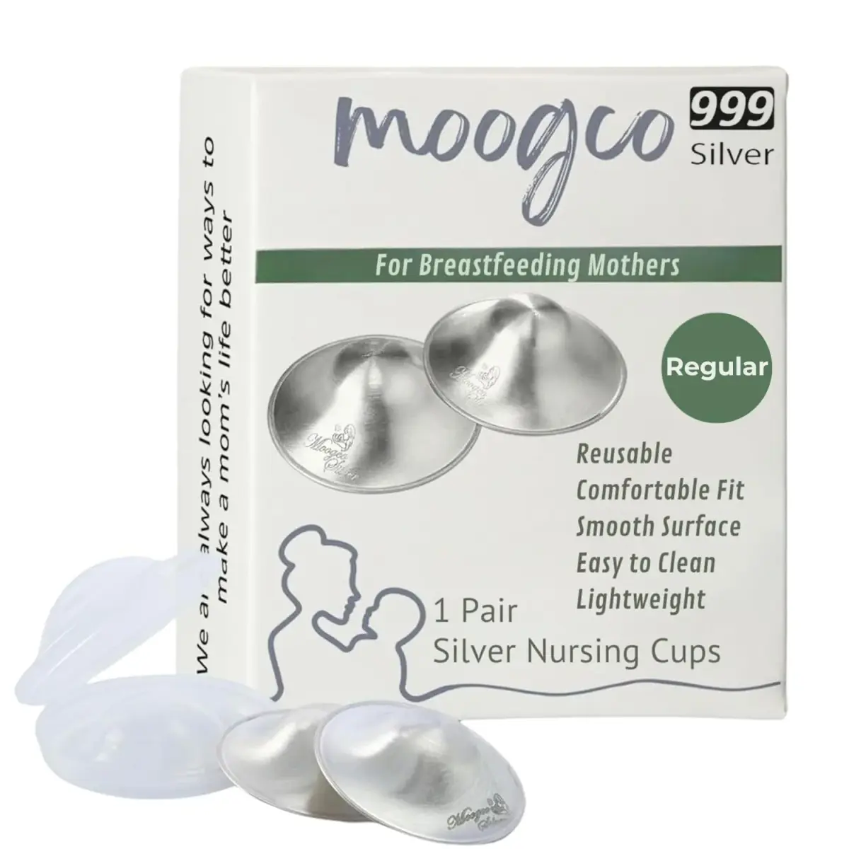 MOOGCO Silver Nursing Cups - 999k Pure Silver Nipple Shields for Breastfeeding - Chemical-Free Nipple Protection (Regular, Set of 2) - main product image