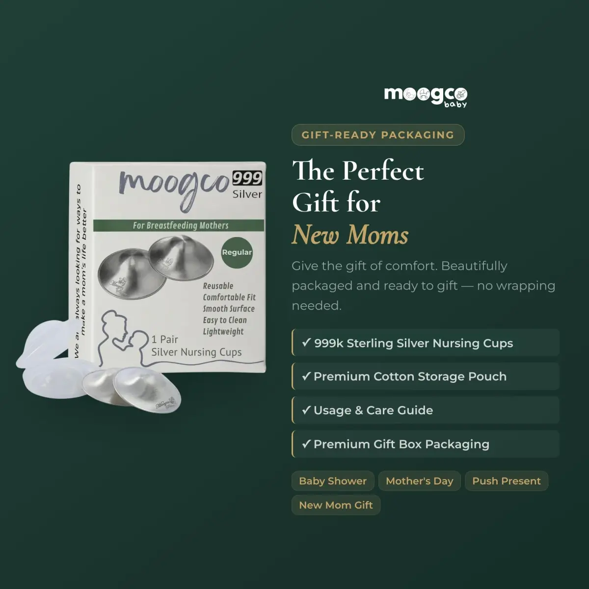 MOOGCO Silver Nursing Cups - 999k Pure Silver Nipple Shields for Breastfeeding - Chemical-Free Nipple Protection (Regular, Set of 2) - view 8