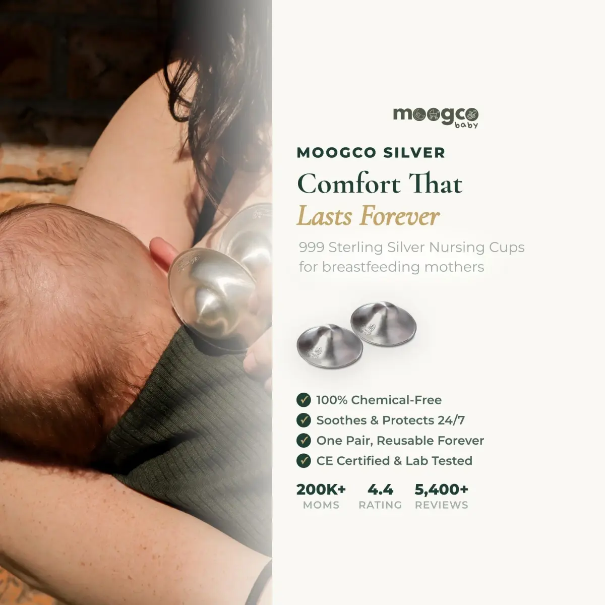 MOOGCO Silver Nursing Cups - 999k Pure Silver Nipple Shields for Breastfeeding - Chemical-Free Nipple Protection (Regular, Set of 2) - view 2