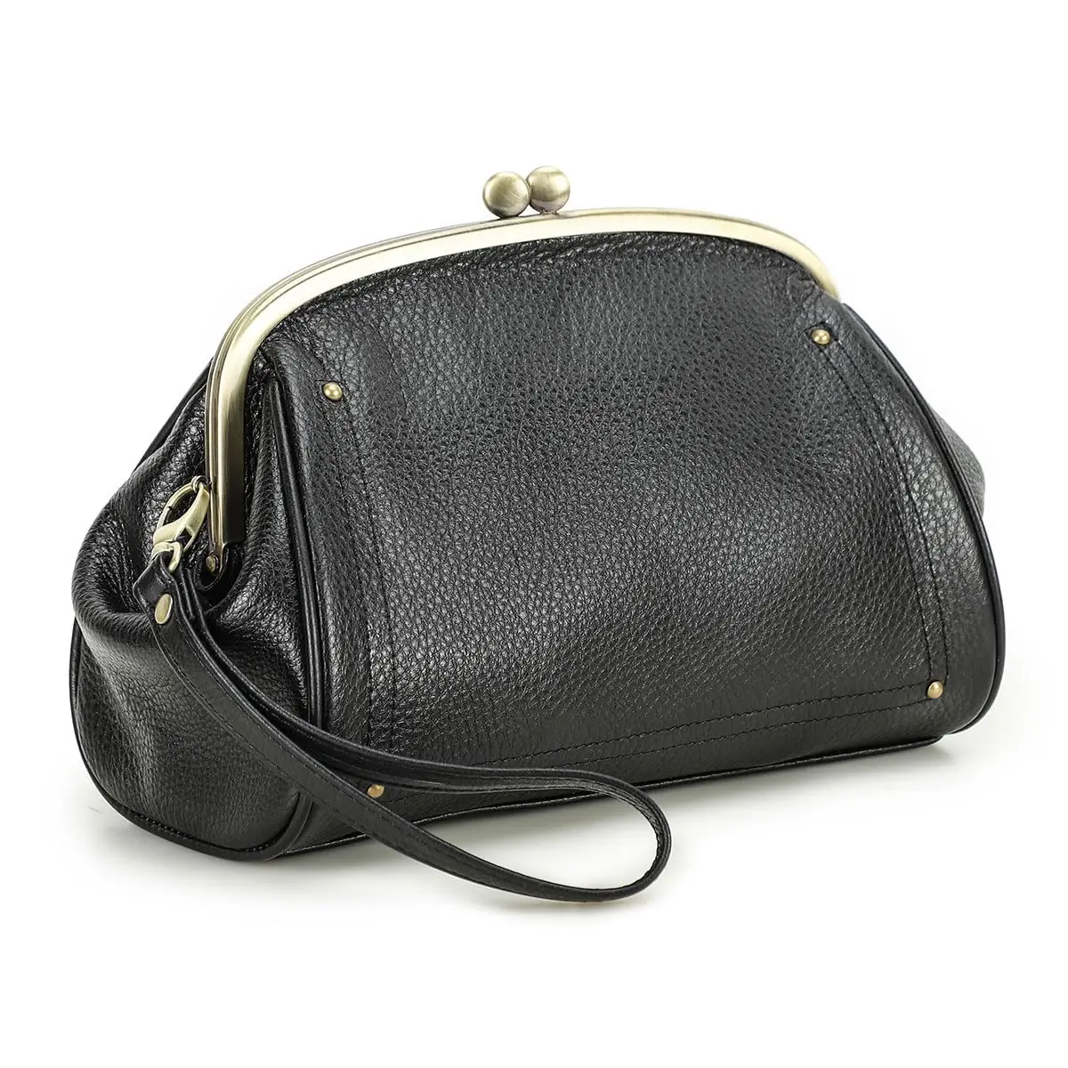 CONTACTS Large Leather Evening Clutch Bag for Women | Vintage Kiss Lock Purse with Detachable Wristlet (Black) - main product image