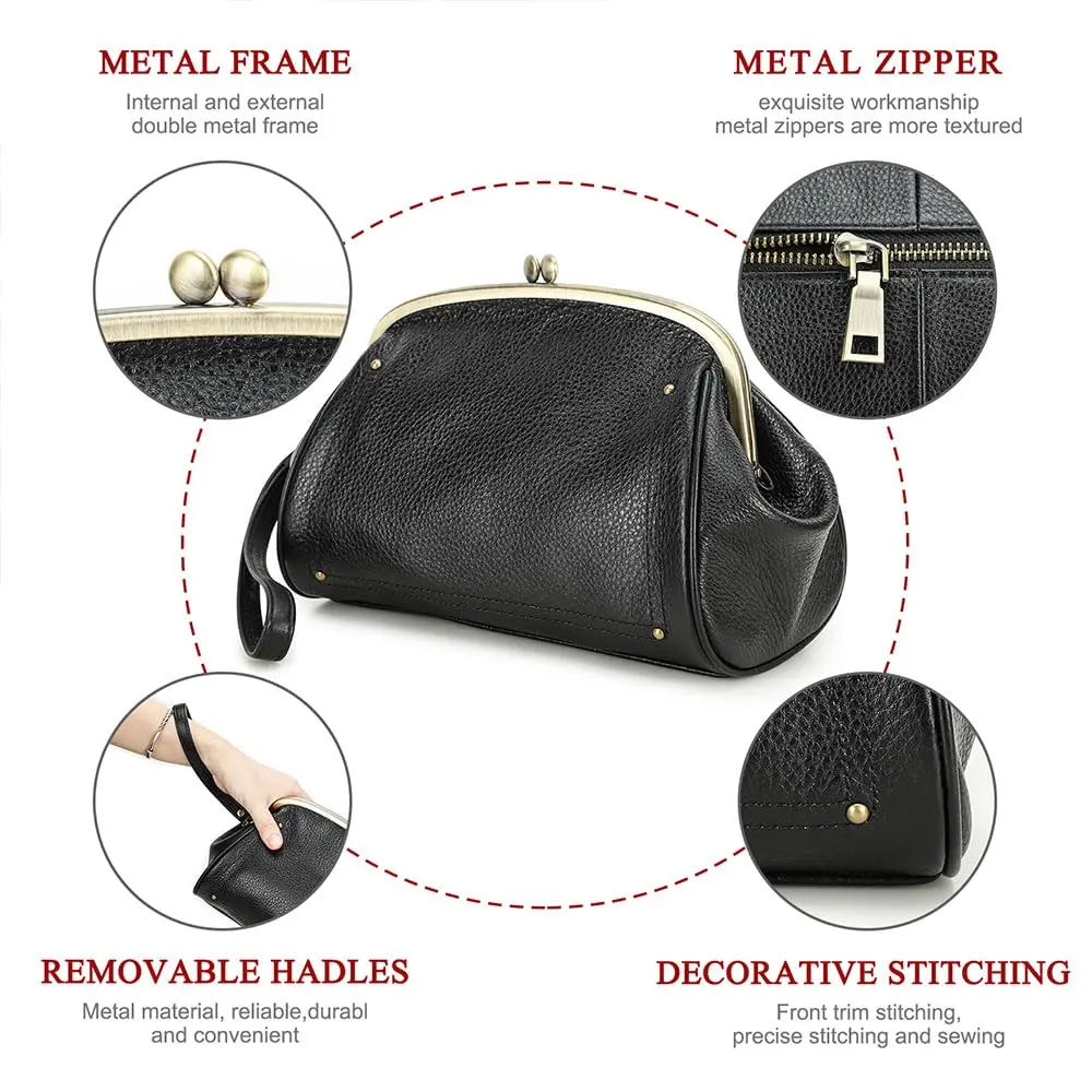 CONTACTS Large Leather Evening Clutch Bag for Women | Vintage Kiss Lock Purse with Detachable Wristlet (Black) - view 5