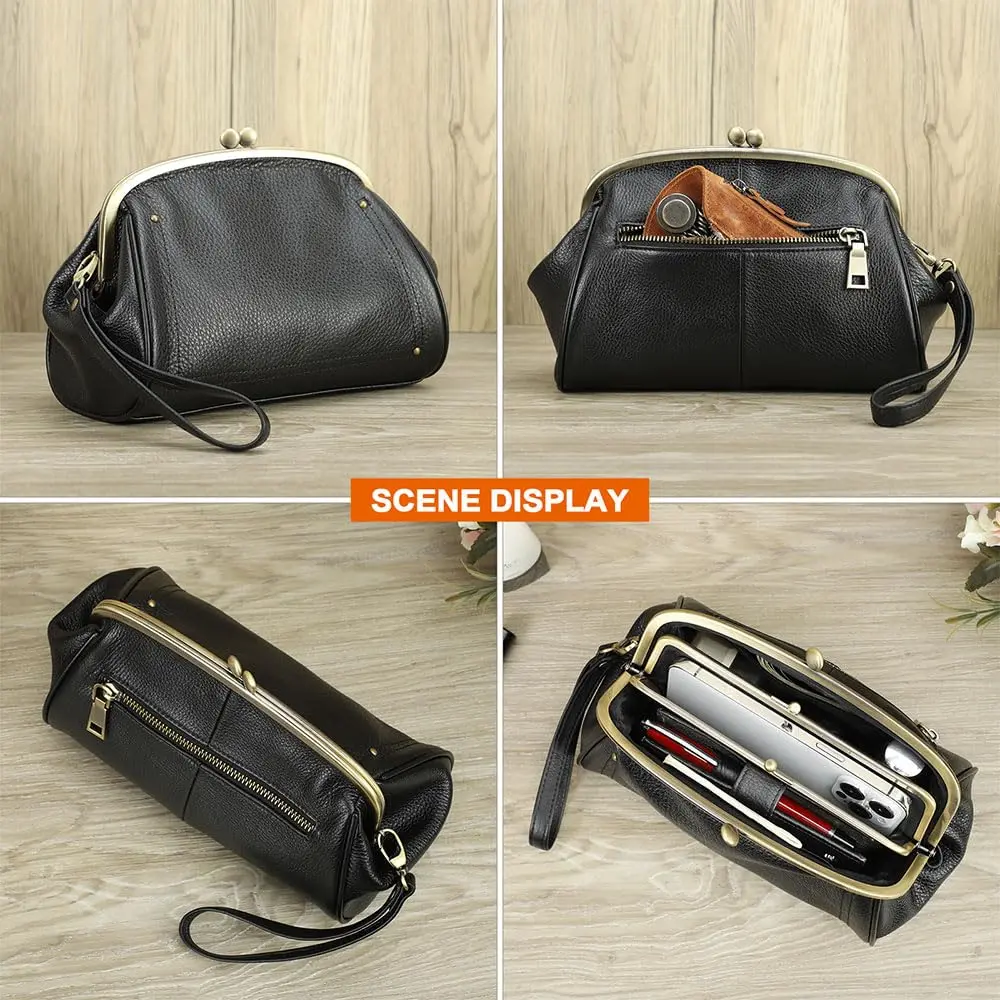 CONTACTS Large Leather Evening Clutch Bag for Women | Vintage Kiss Lock Purse with Detachable Wristlet (Black) - view 8
