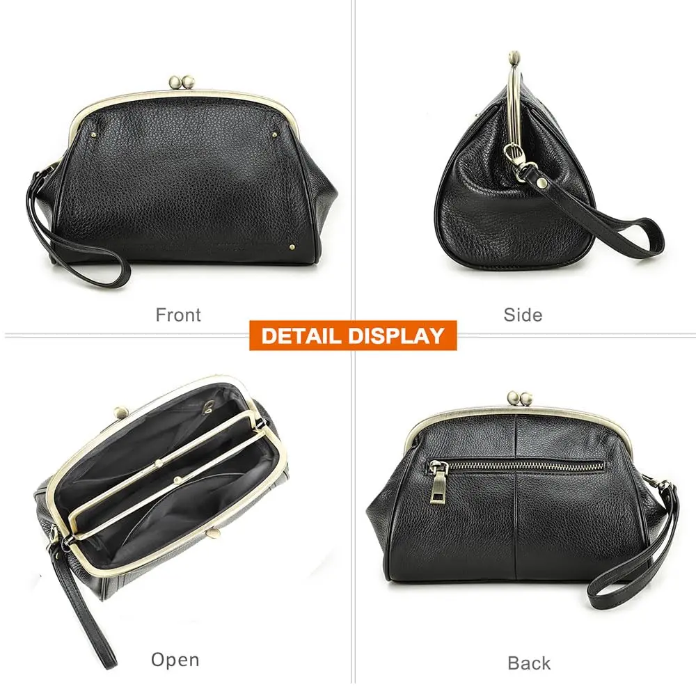 CONTACTS Large Leather Evening Clutch Bag for Women | Vintage Kiss Lock Purse with Detachable Wristlet (Black) - view 9